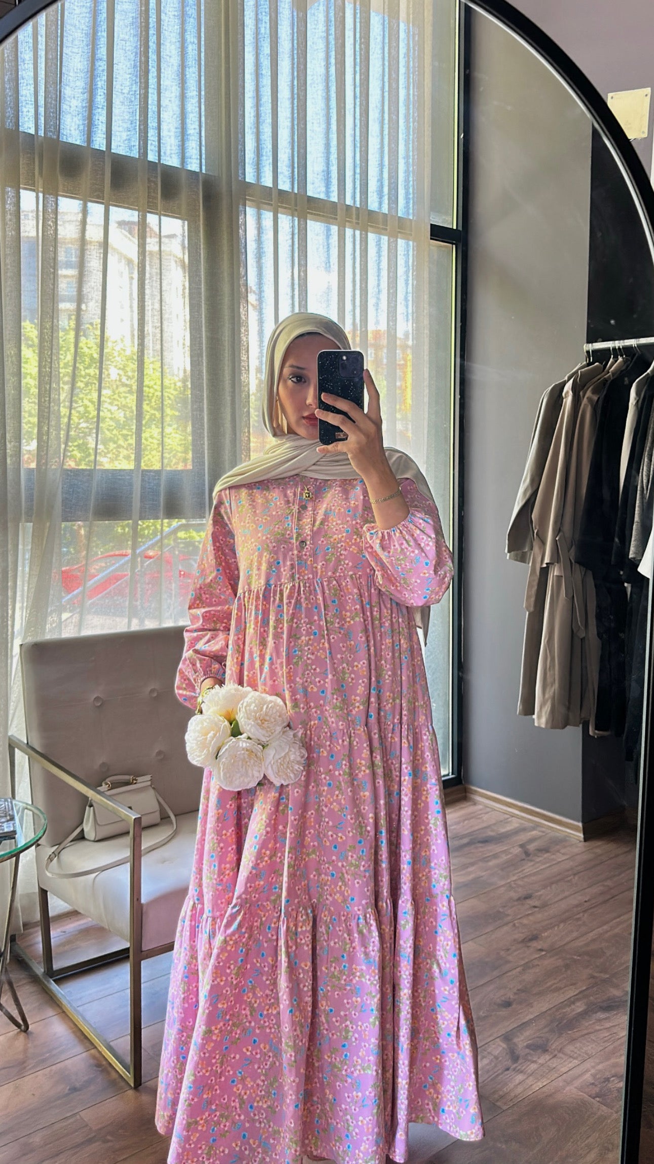 Çiçekli Pembe Keten Elbise - LIMITED EDITION