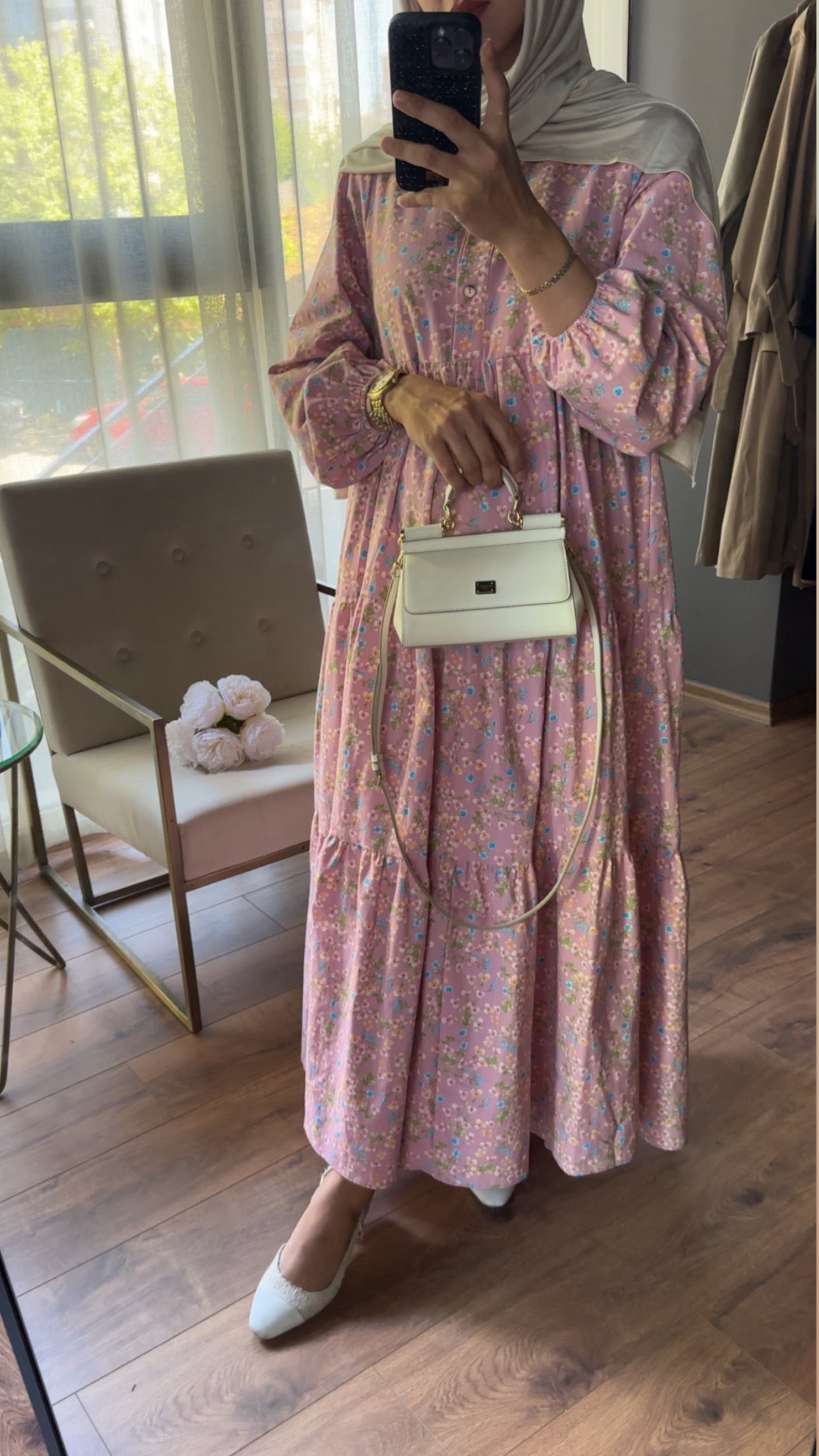 Çiçekli Pembe Keten Elbise - LIMITED EDITION