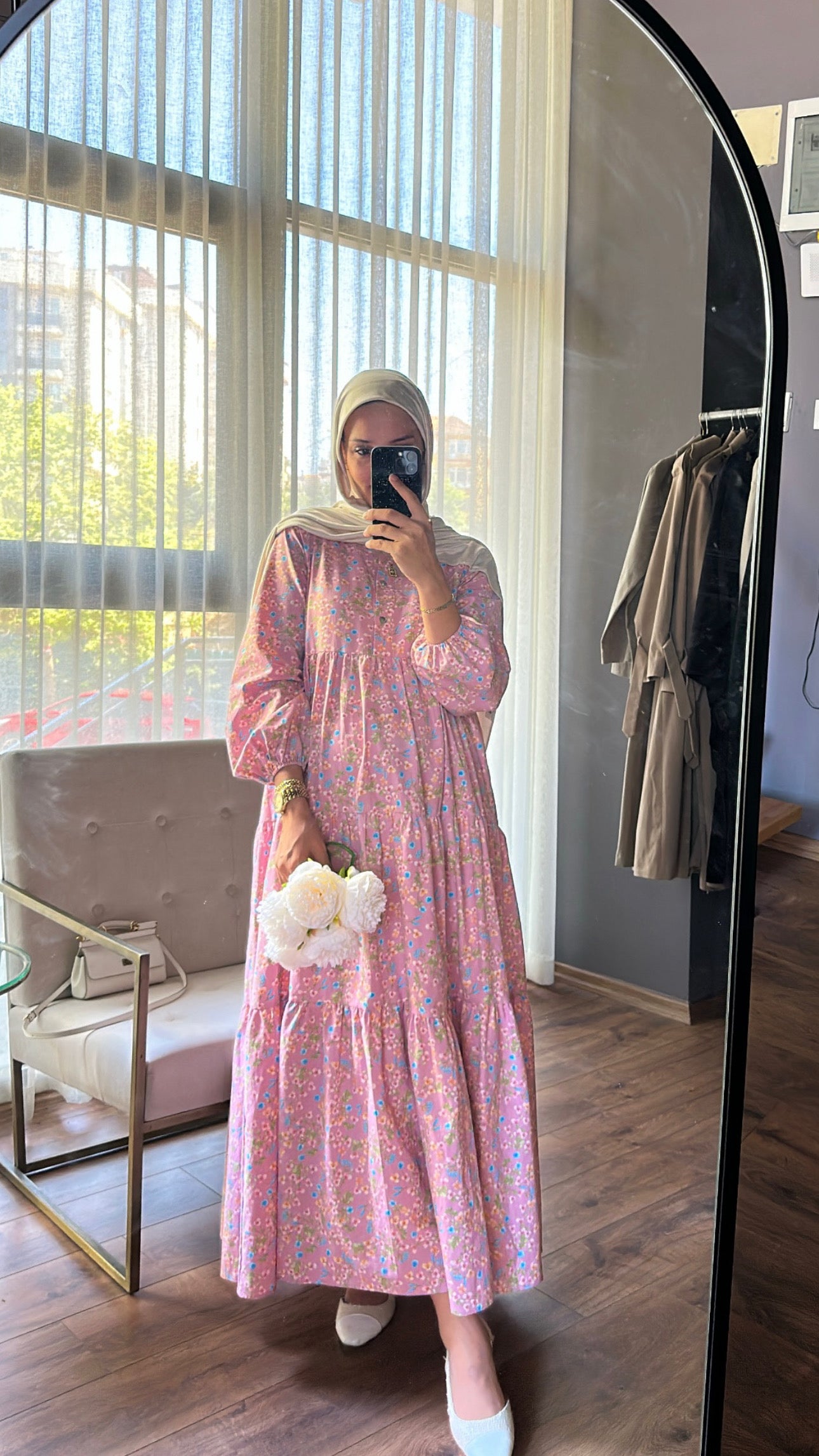 Çiçekli Pembe Keten Elbise - LIMITED EDITION