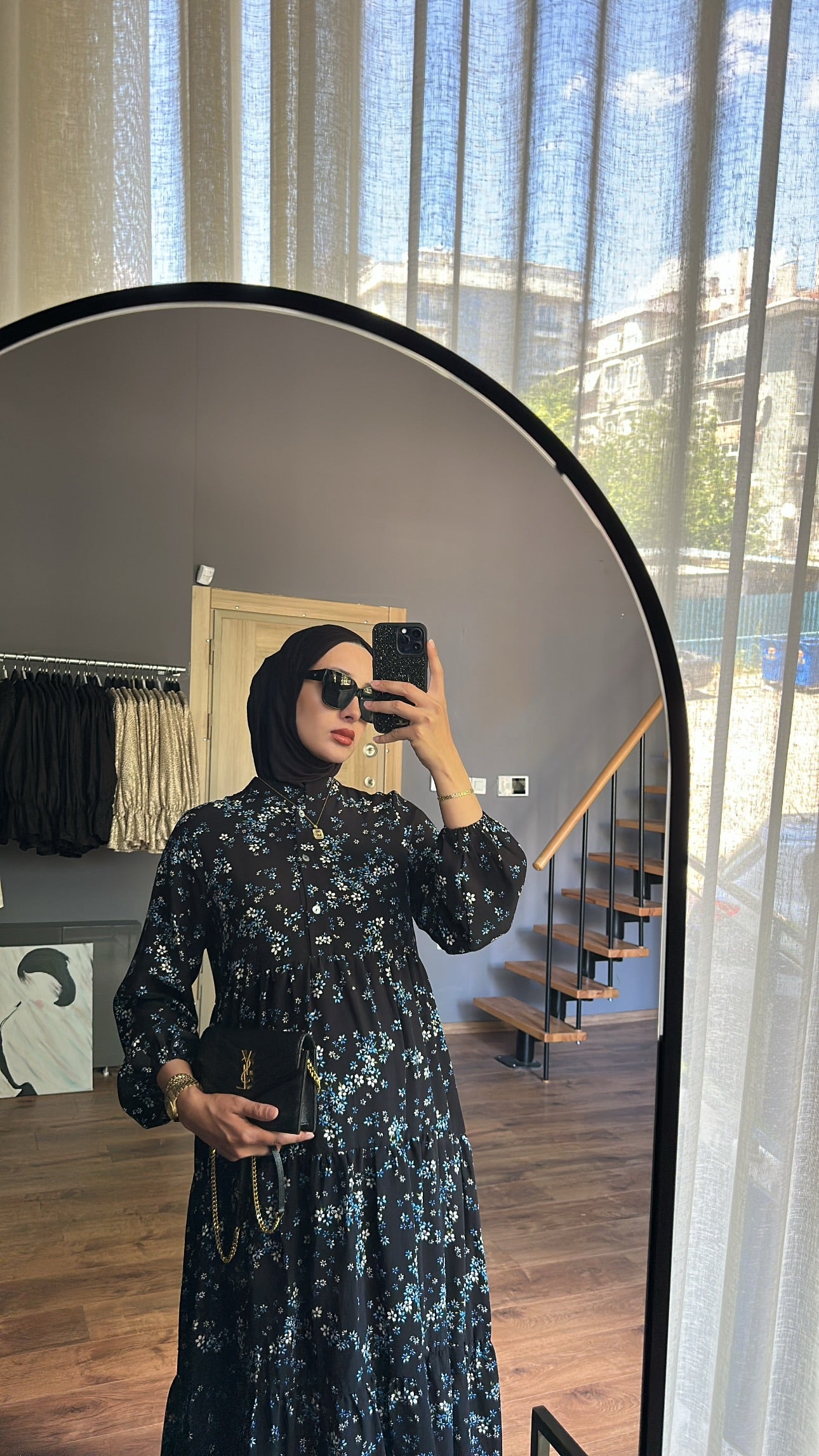 Çiçekli Lacivert Elbise - LIMITED EDITION