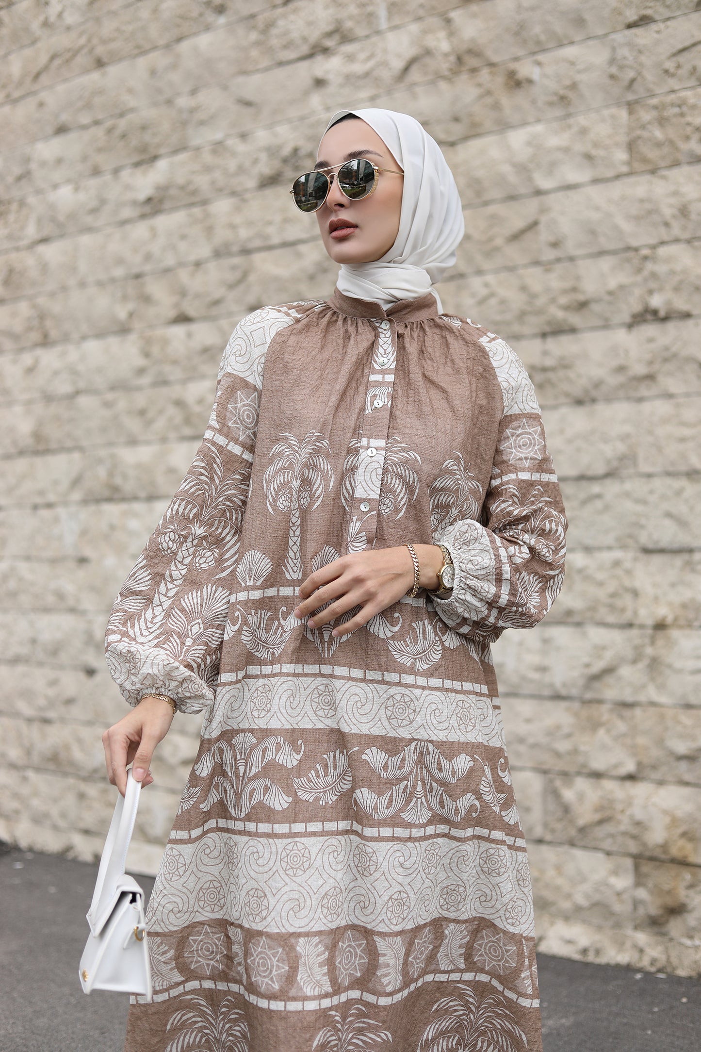SOFT KAHVE TROPICAL KETEN ELBİSE