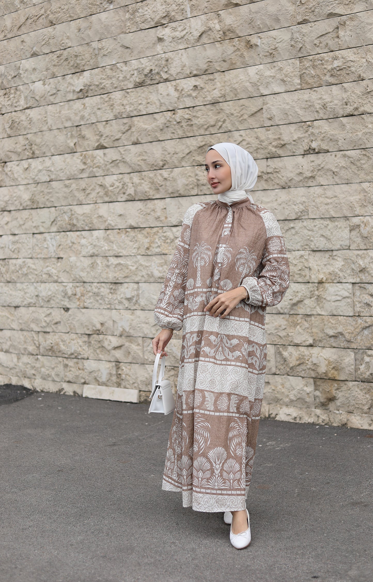SOFT KAHVE TROPICAL KETEN ELBİSE (140CM)