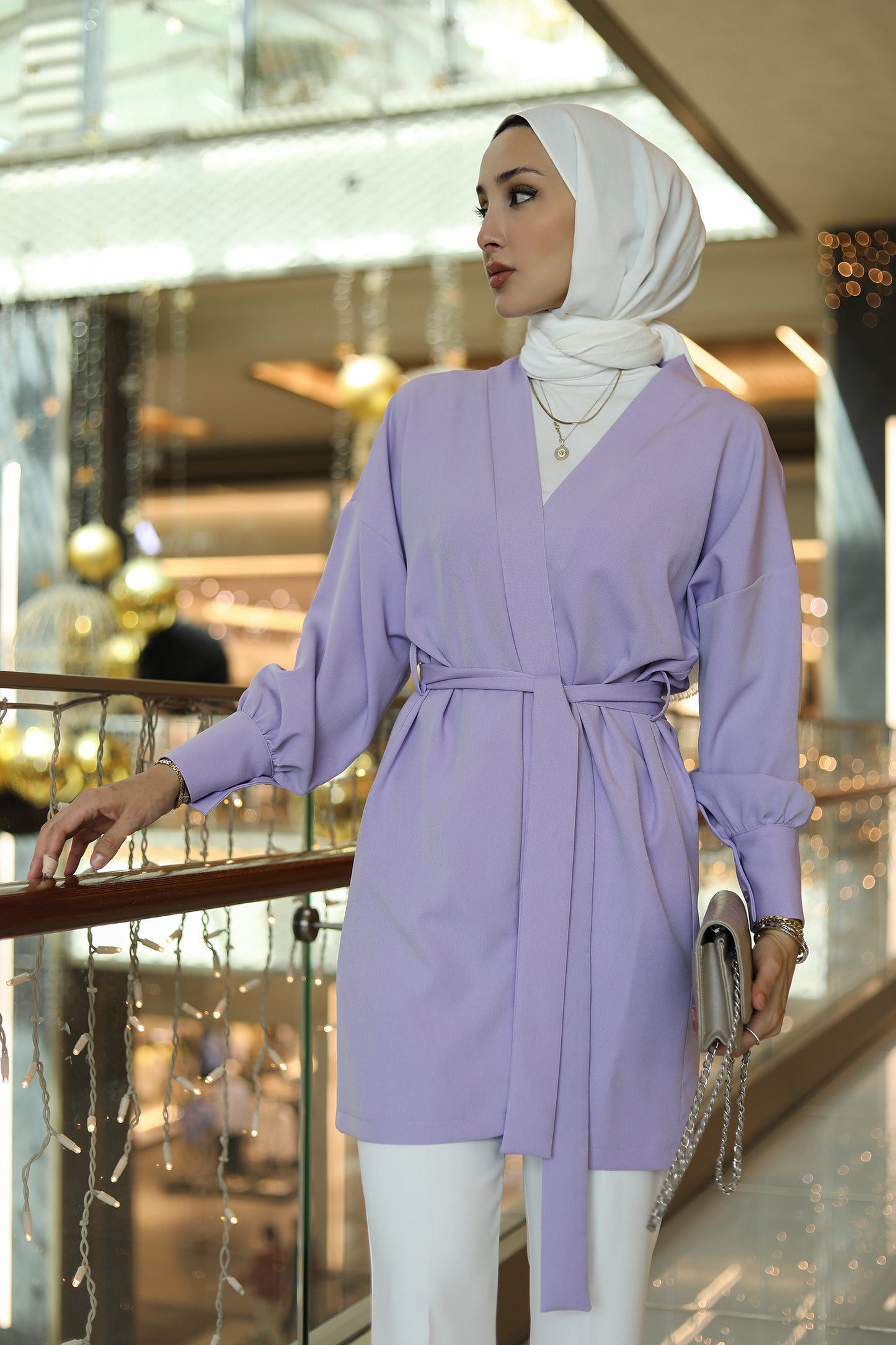 Manşetli Kuşaklı Lila Kimono