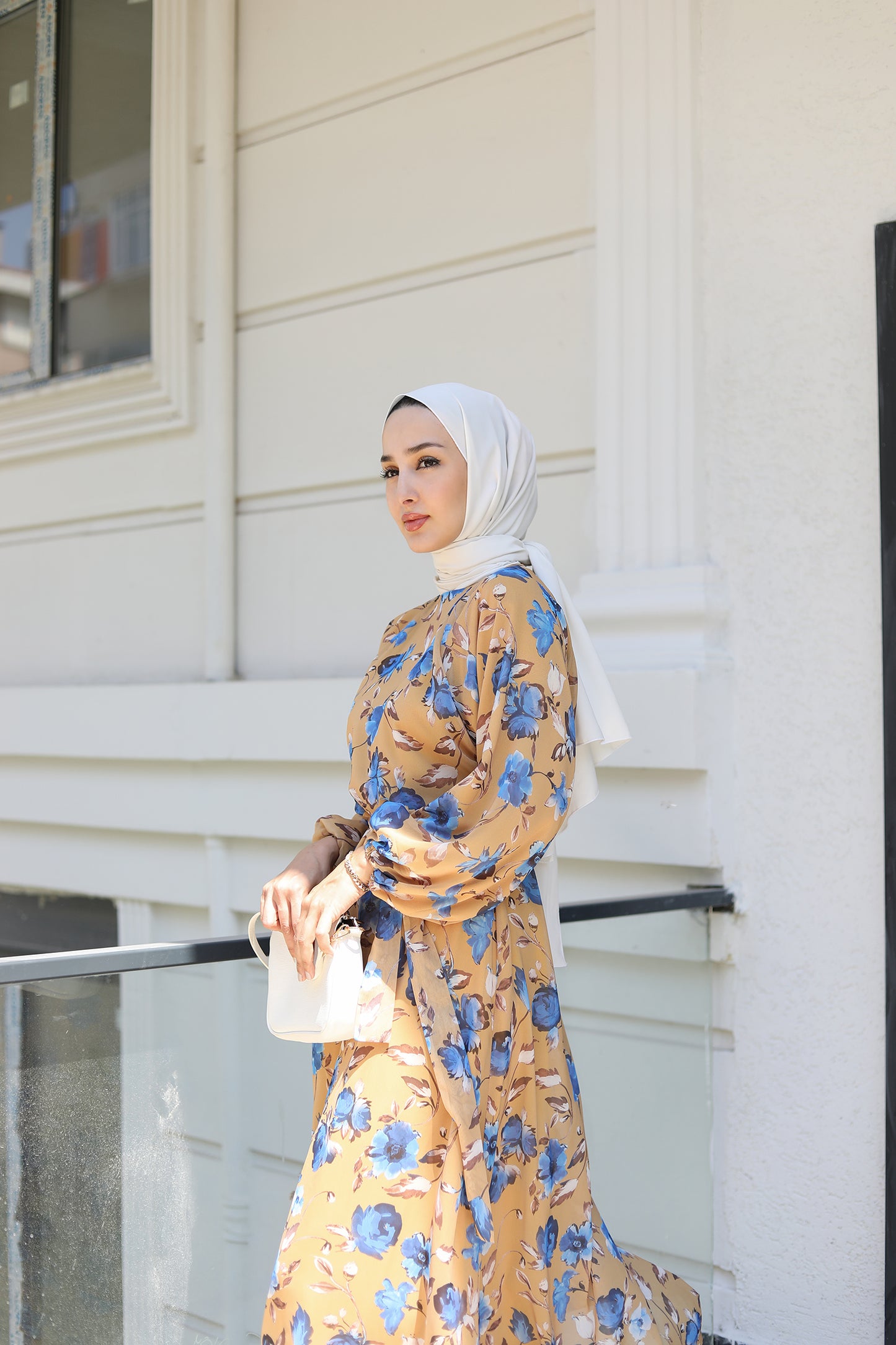 Floral Kloş Şifon Sarı Elbise