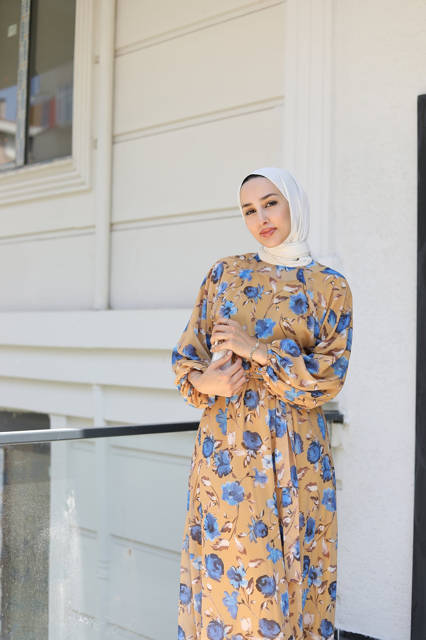 Floral Kloş Şifon Sarı Elbise