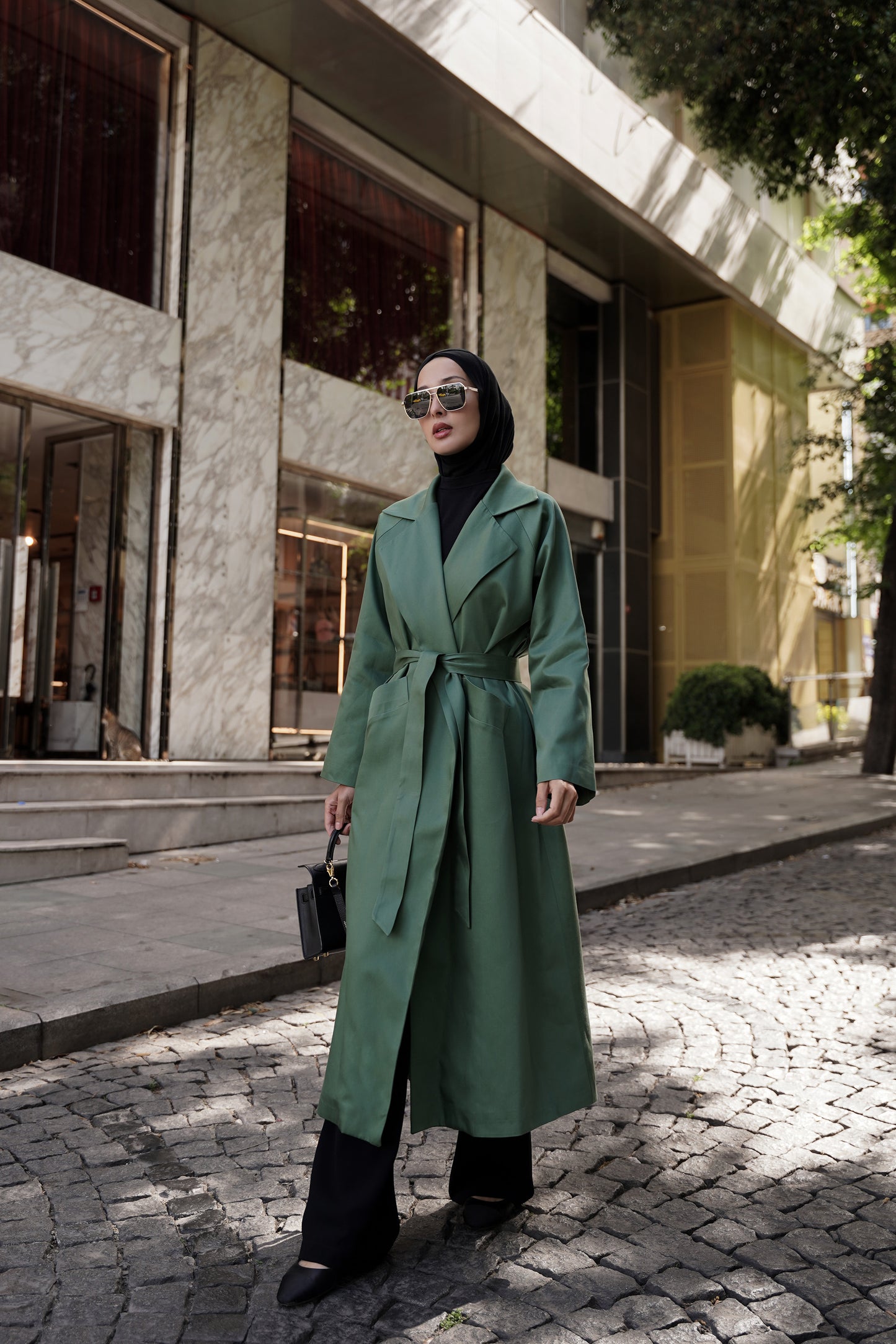Kemerli Oversize Trençkot Yeşil