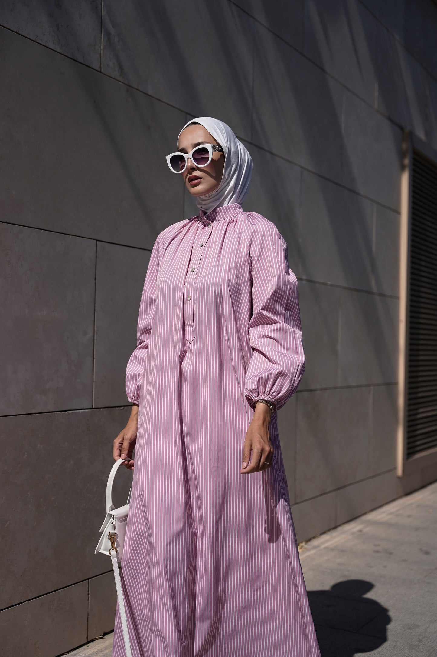 Çizgili Pembe Poplin Elbise
