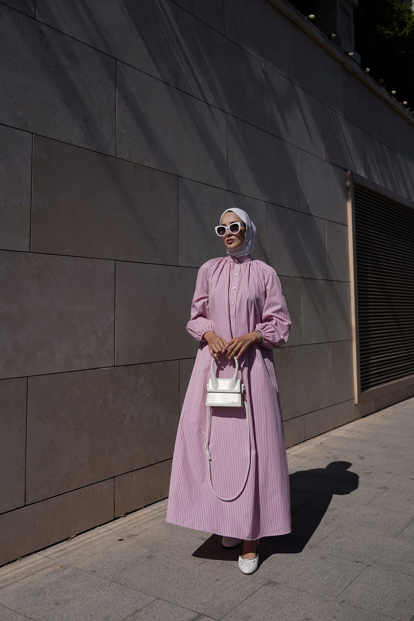 Çizgili Pembe Poplin Elbise