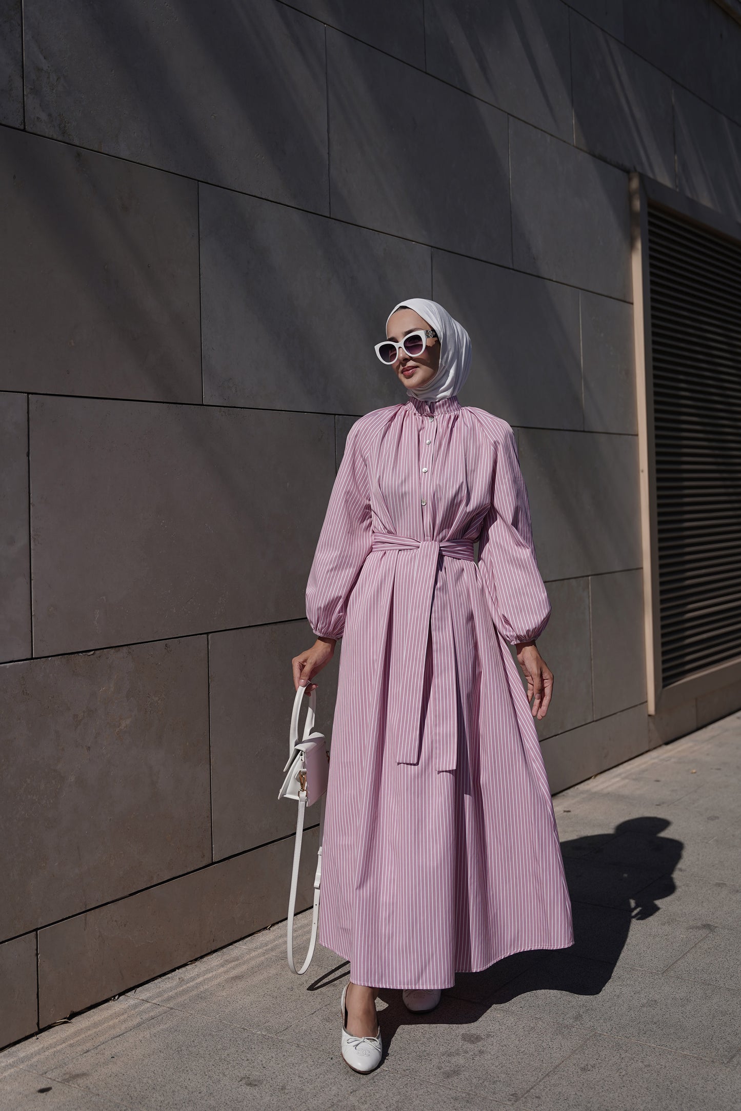 Çizgili Pembe Poplin Elbise