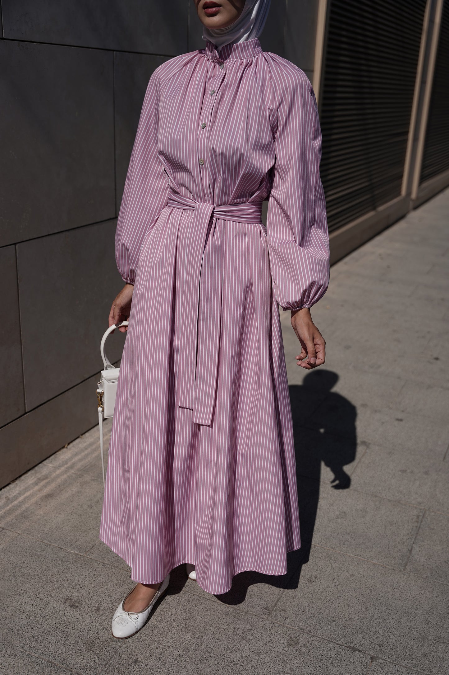 Çizgili Pembe Poplin Elbise
