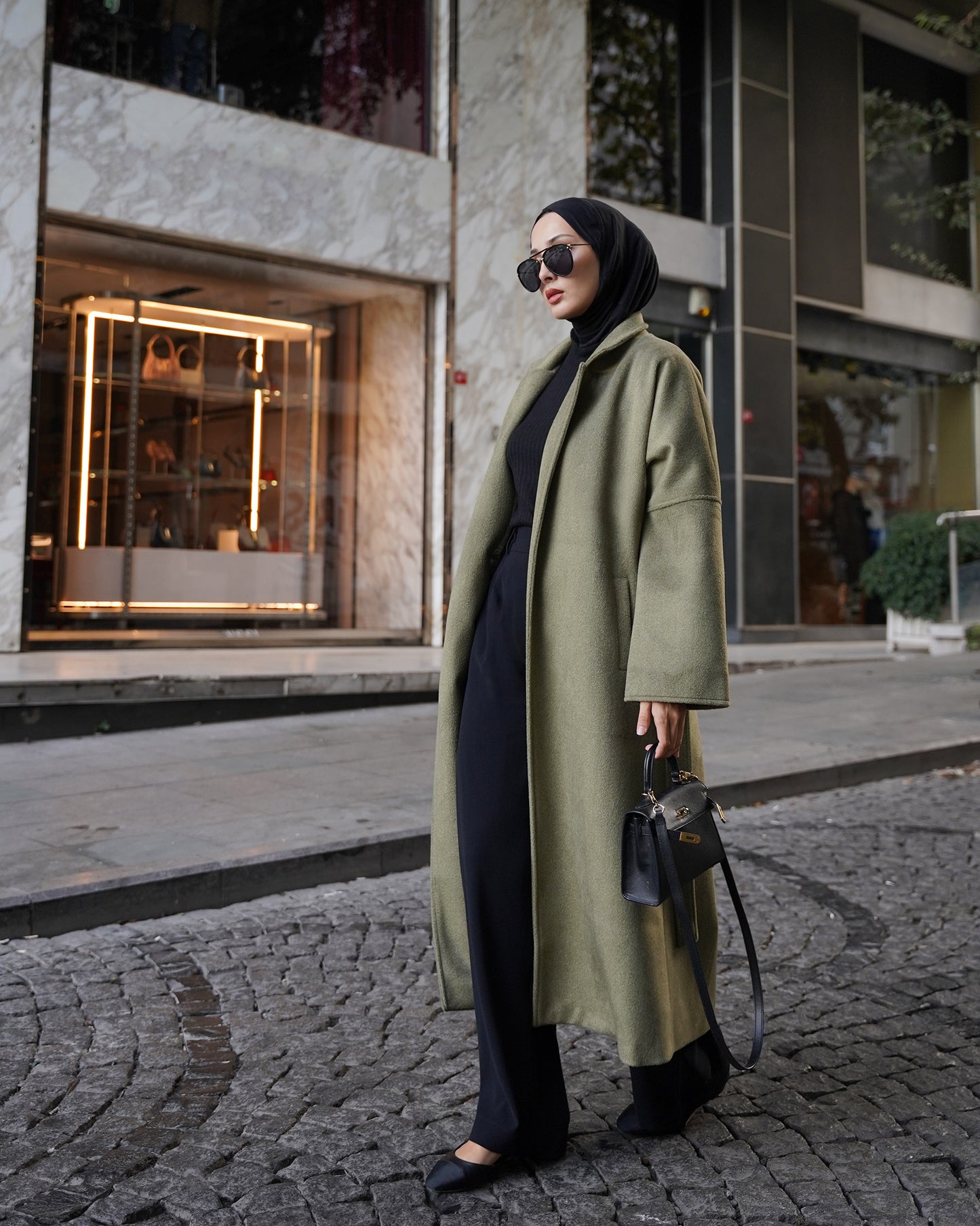 CASHMERE YÜN KARIŞIMLI MAXI KABAN - Yağ Yeşili 130cm
