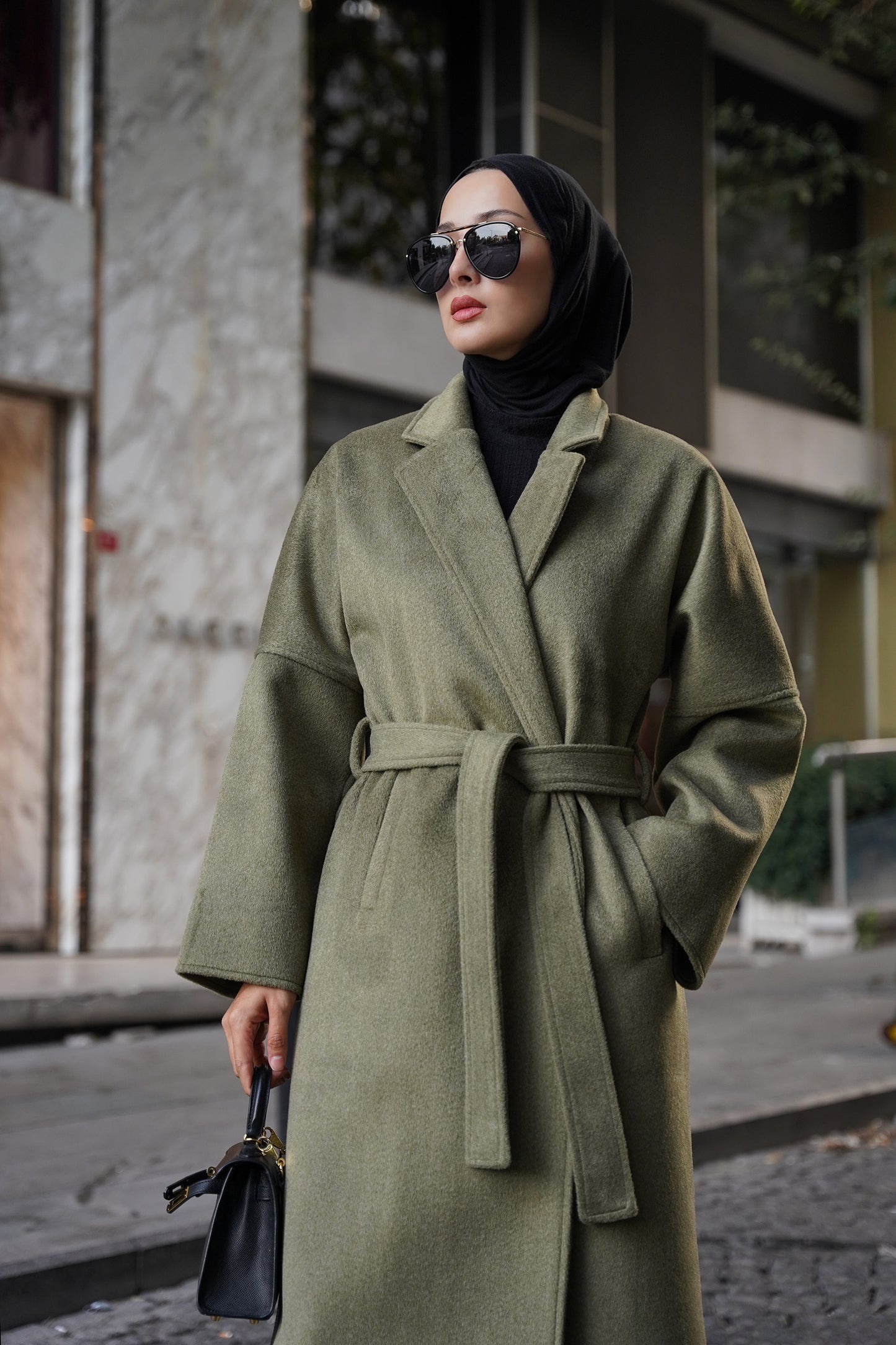 CASHMERE YÜN KARIŞIMLI MAXI KABAN - Yağ Yeşili 130cm