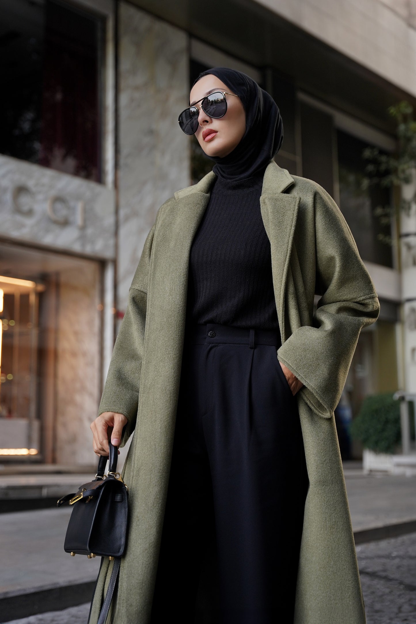 CASHMERE YÜN KARIŞIMLI MAXI KABAN - Yağ Yeşili 130cm