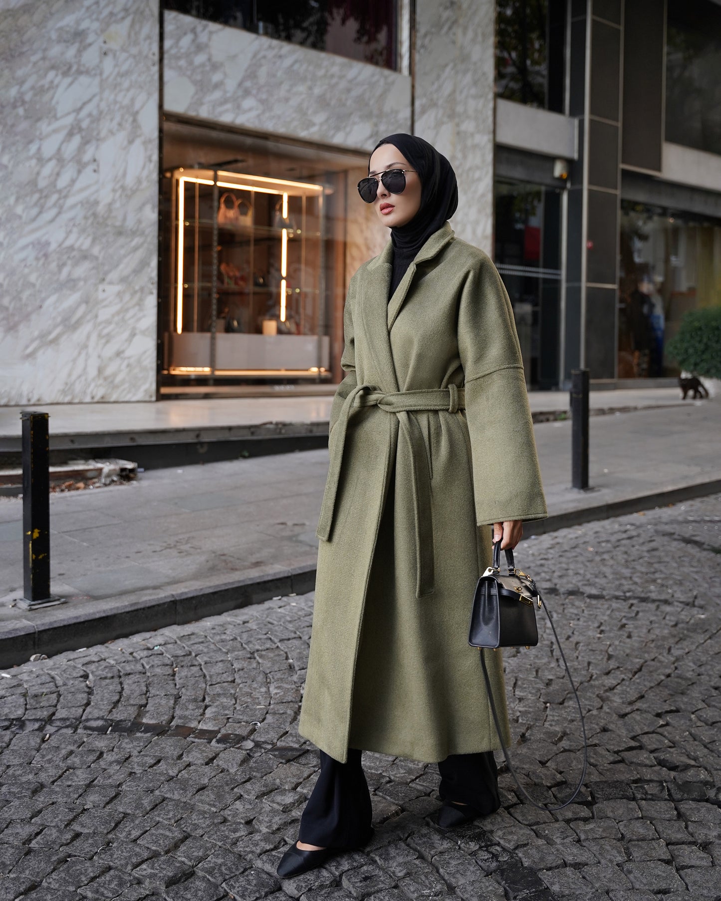 CASHMERE YÜN KARIŞIMLI MAXI KABAN - Yağ Yeşili 130cm