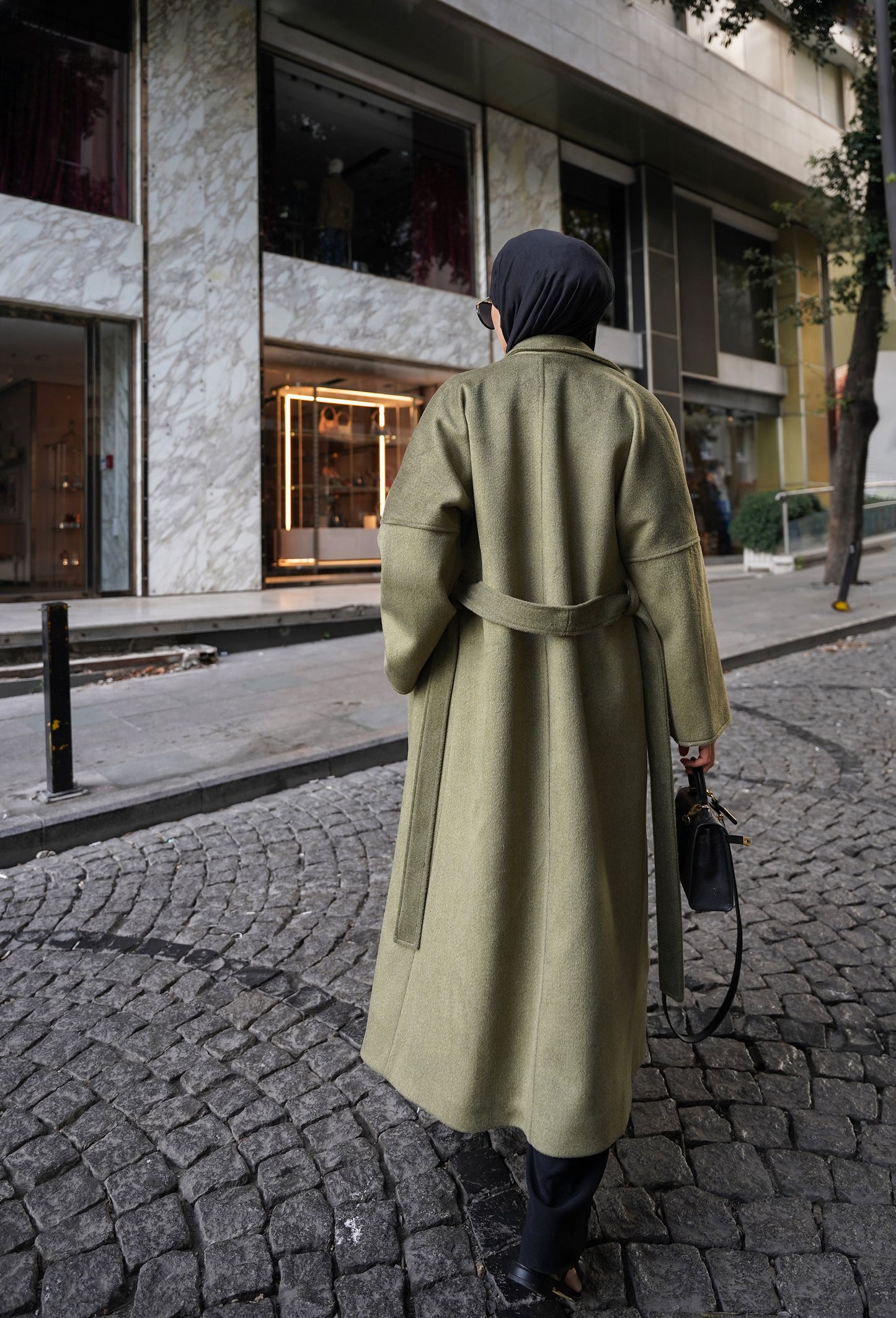 CASHMERE YÜN KARIŞIMLI MAXI KABAN - Yağ Yeşili 130cm