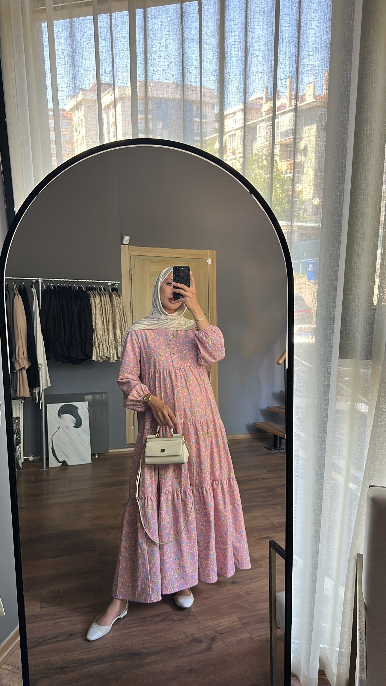 Çiçekli Pembe Keten Elbise - LIMITED EDITION